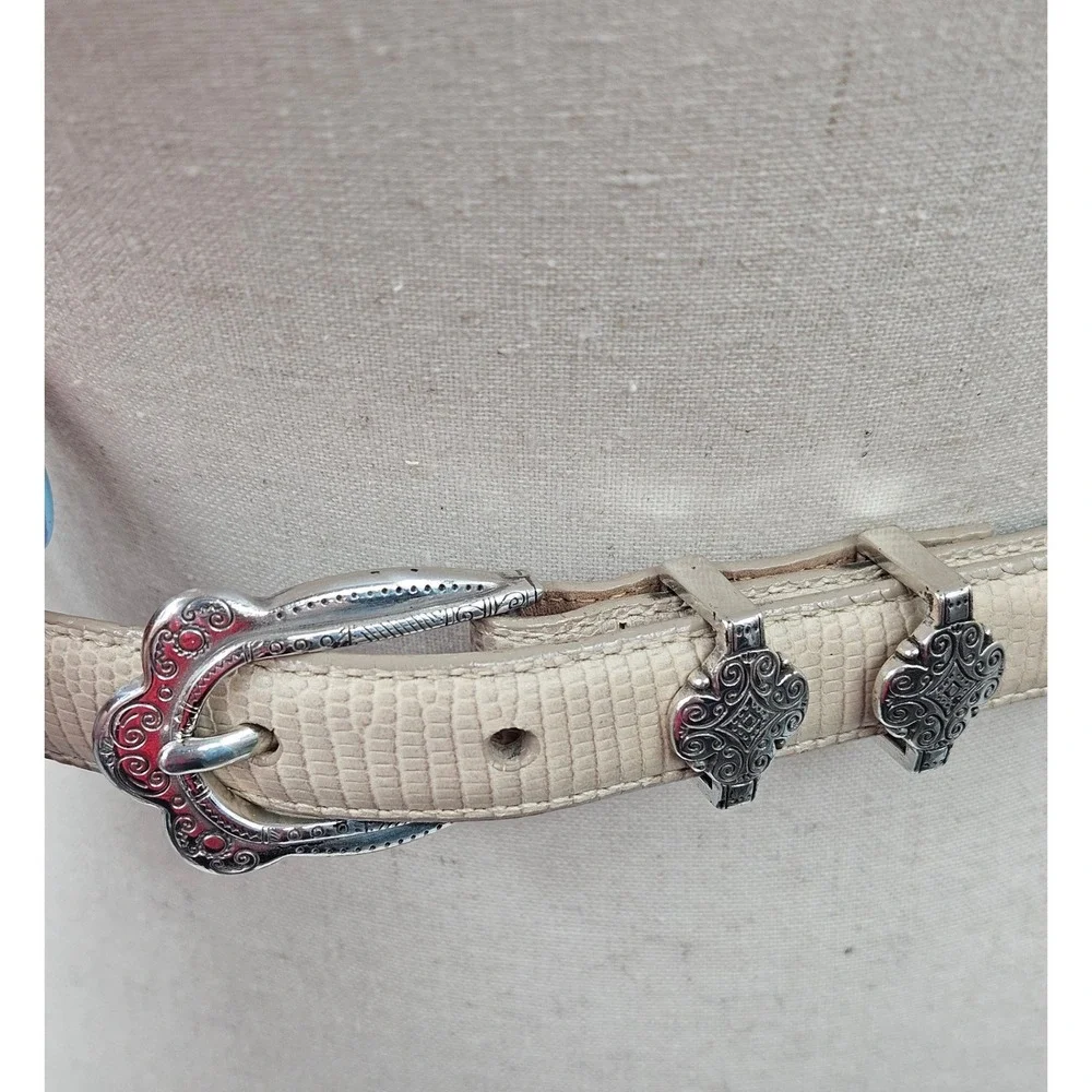 Brighton B10174 Beige Lizard Embossed Leather Skinny Belt Silver Buckle Size M30